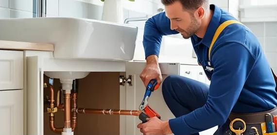 Plumber protecting pipes under a sink