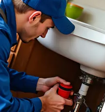 Plumber fixing a leak under a bathroom sink